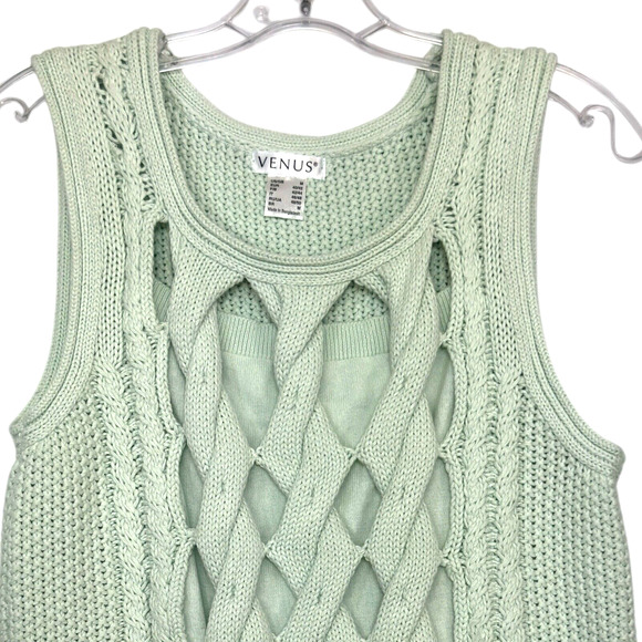 Asymmetric Cable Knit Tank Sweater Women M Seafoam Green Coastal Chunky Cozy Y2k - Picture 3 of 13